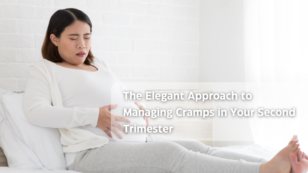 Woman experiencing second trimester cramps; informational focus on wireless earbuds