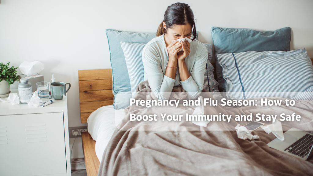 Woman in distress with tissue, thermometer, medicine, and wireless earbuds nearby.